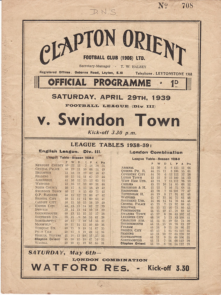<b>Saturday, April 29, 1939</b><br />vs. Clapton Orient (Away)